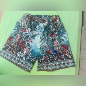 SILK LIKE VERY SOFT Tropical Print woman Shorts - Blue Green size medium